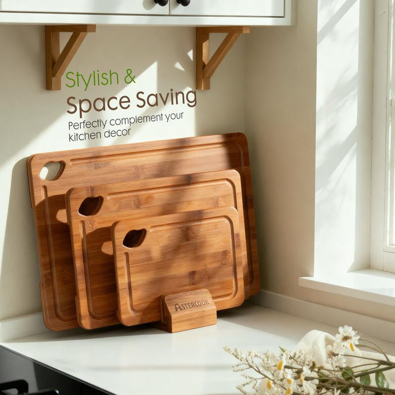 Astercook 4-Piece Bamboo Cutting Board Set with Holder Composite Side Cutting Board for Kitchen Use Chopping Kitchen Knives